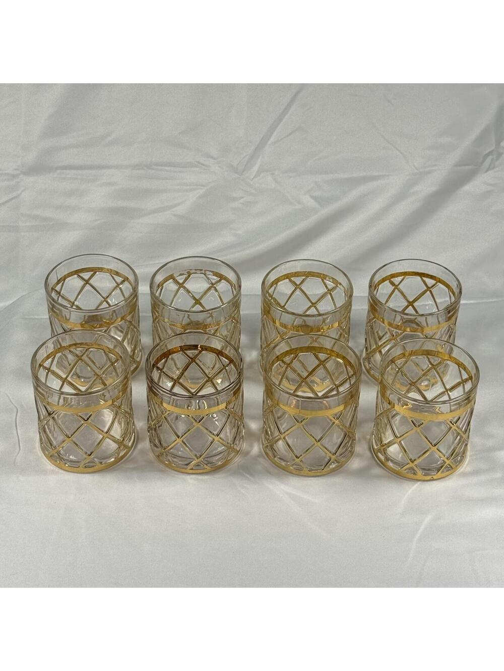 Vintage Joseph Altuzarra 18K Gold Lattice Barware Set of 8 Rocks Glasses MCM